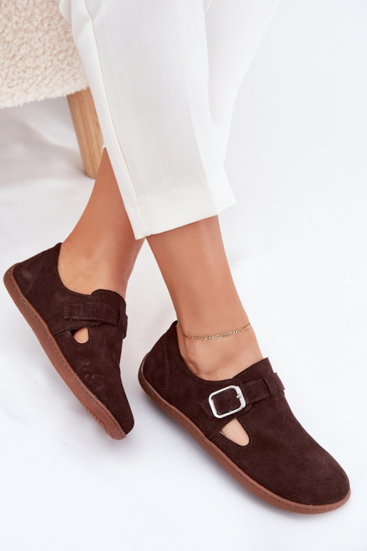Suede Lace-Up Shoes Barefoot Women's With Buckle Patches Zazoo N1261 Chocolate