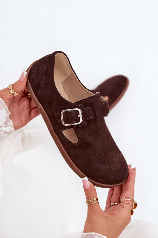 Suede Lace-Up Shoes Barefoot Women's With Buckle Patches Zazoo N1261 Chocolate