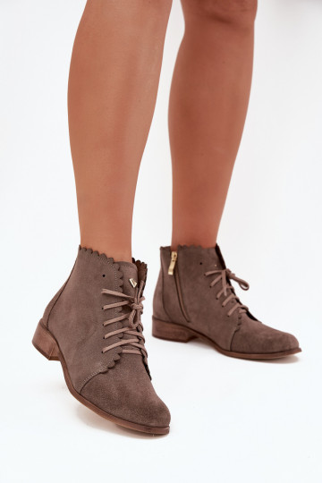 Suede Ankle Boots With Flat Heel Dark Beige Zazoo