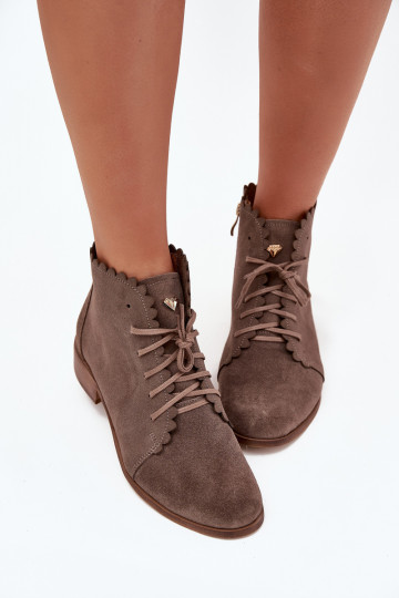 Suede Ankle Boots With Flat Heel Dark Beige Zazoo 2