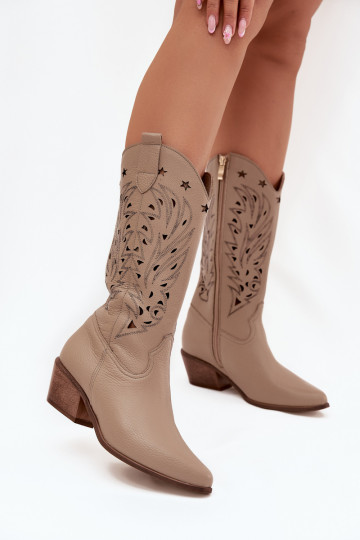 Leather Boots With Perforated Shaft Dark Beige Zazoo 3714 2