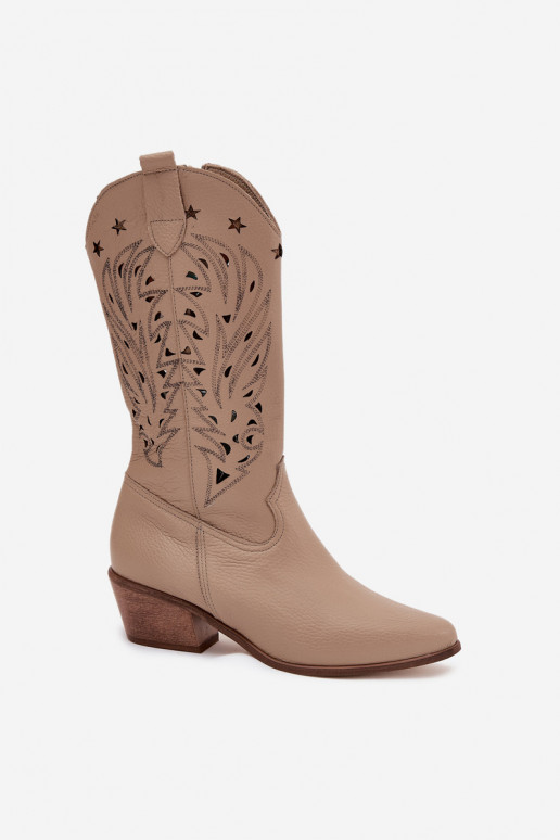 Leather Boots With Perforated Shaft Dark Beige Zazoo 3714