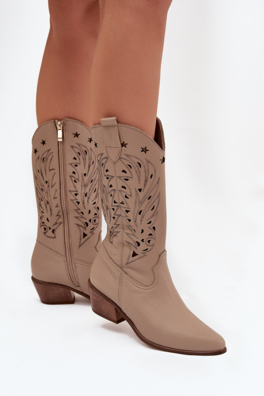 Leather Boots With Perforated Shaft Dark Beige Zazoo 3714