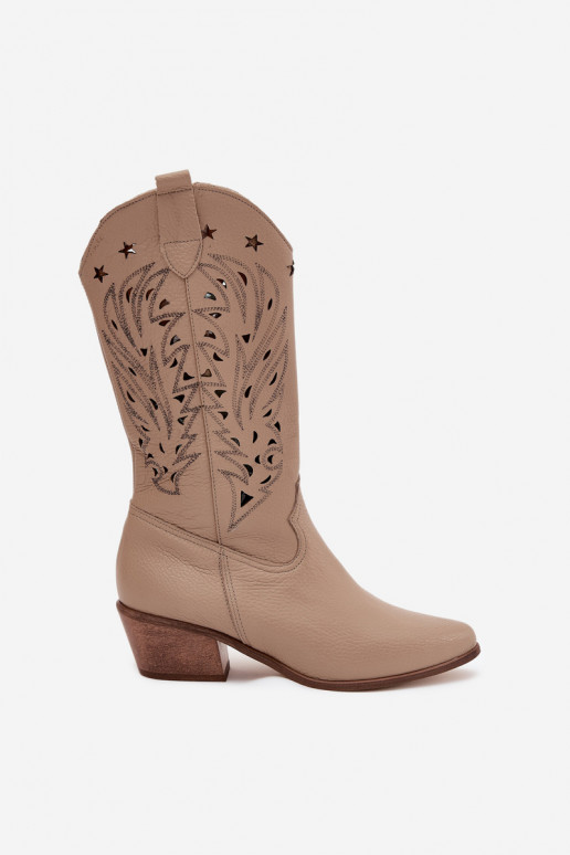 Leather Boots With Perforated Shaft Dark Beige Zazoo 3714