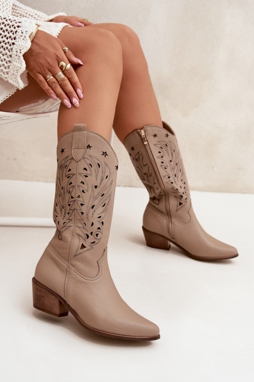 Skórzane KozakiwithAżurową Cholewką Zazoo 3714 Ciemnobeżowe