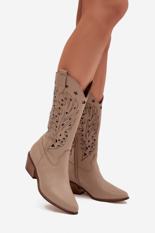Leather Boots With Perforated Shaft Dark Beige Zazoo 3714