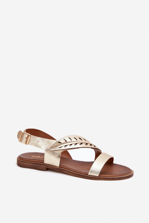 Ladies leather sandals on flat heel Zazoo 3688 gold Ladies leather sandals on flat heel Zazoo 3688 gold