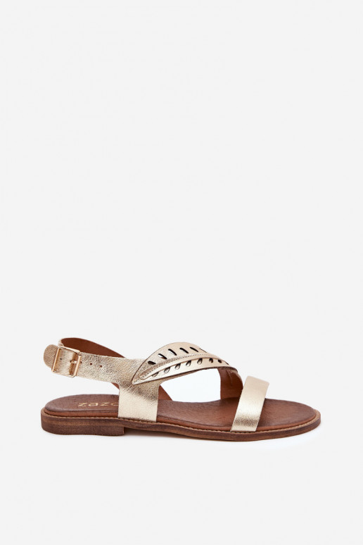 Ladies leather sandals on flat heel Zazoo 3688 gold Ladies leather sandals on flat heel Zazoo 3688 gold