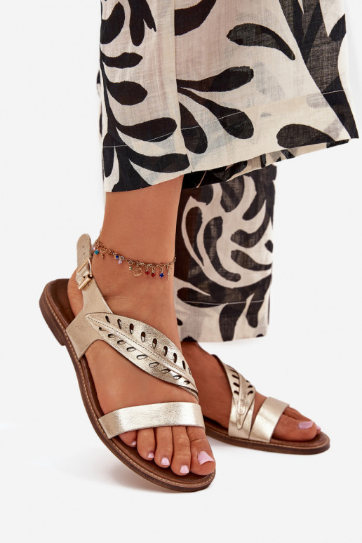 Ladies leather sandals on flat heel Zazoo 3688 gold Ladies leather sandals on flat heel Zazoo 3688 gold