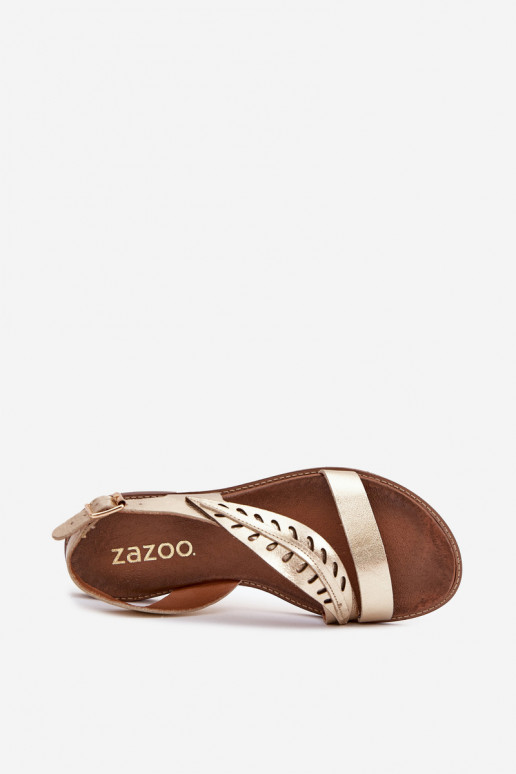 Ladies leather sandals on flat heel Zazoo 3688 gold Ladies leather sandals on flat heel Zazoo 3688 gold