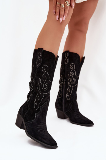Suede Women's Cowboy Boots With Heel Black Karira