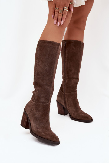 Suede Knee High Boots With Zip Brown Lissara