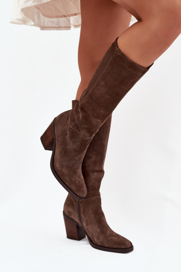 Suede Knee High Boots With Zip Brown Lissara 2
