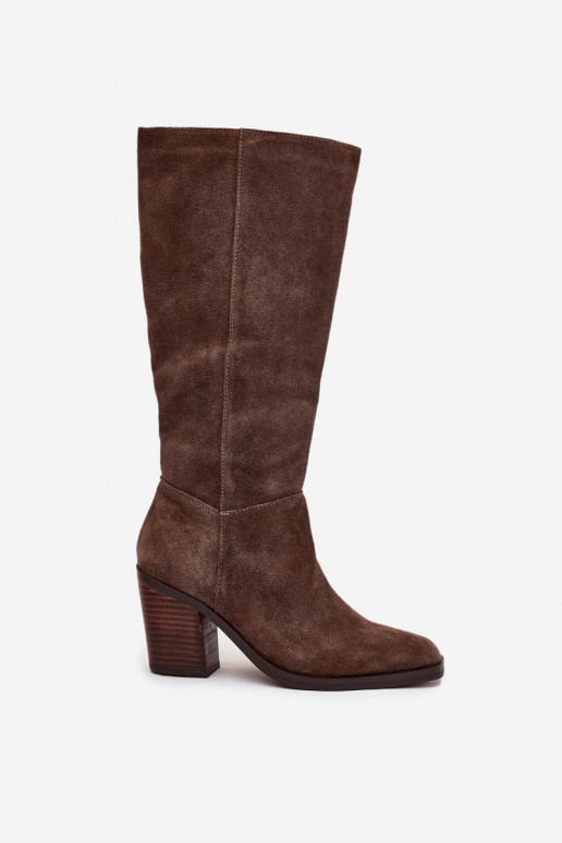 Suede Knee High Boots With Zip Brown Lissara