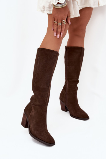 Suede Knee High Boots With Zip Chocolate Lissara