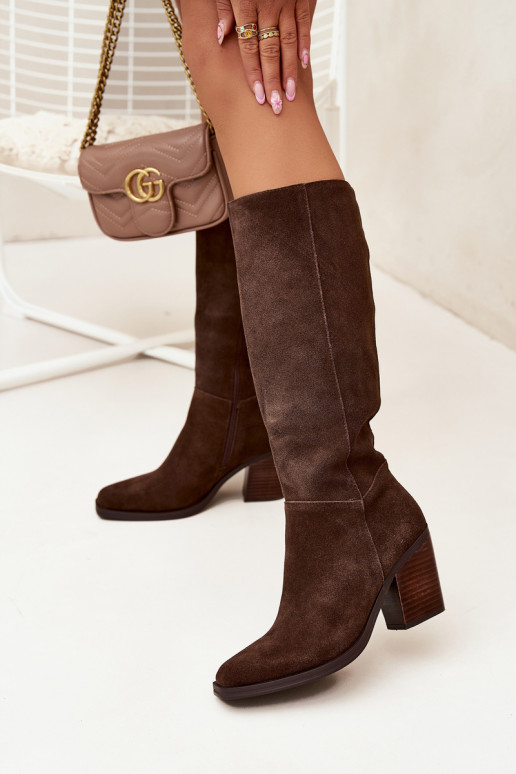Suede Knee High Boots With Zip Chocolate Lissara