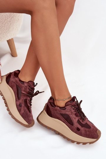 Leather Platform Sneakers Women's Big Star SS274625 HI-POLY SYSTEM Burgundy