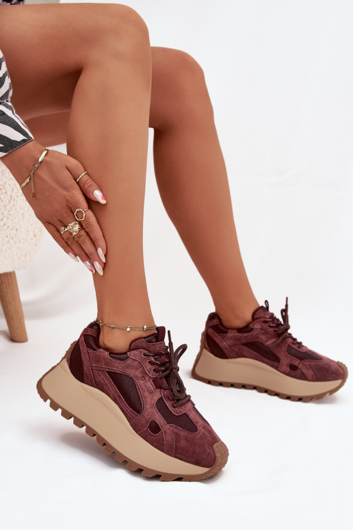 Leather Platform Sneakers Women's Big Star SS274625 HI-POLY SYSTEM Burgundy Leather Platform Sneakers Women's Big Star SS274625 HI-POLY SYSTEM Burgundy