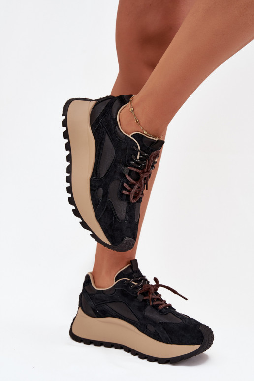 Skórzane Sneakersy Na Platformie Damskie Big Star SS274628 HI-POLY SYSTEM Czarne