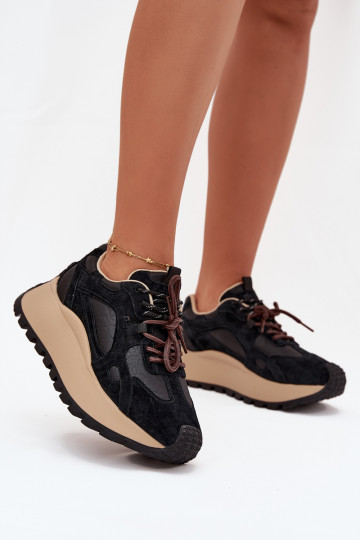 Skórzane Sneakersy Na Platformie Damskie Big Star SS274628 HI-POLY SYSTEM Czarne 2