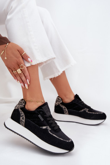 Zamszowe Sneakersy Damskie Big Star OO274A312 HI-POLY SYSTEM Czarne Panterka