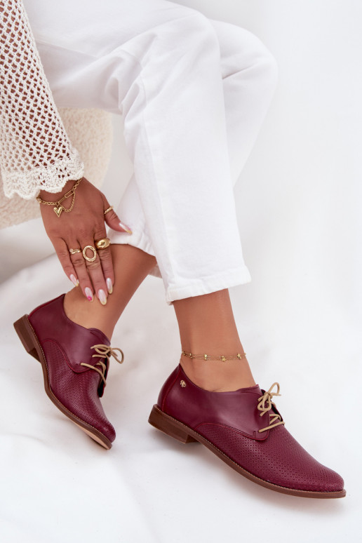 Skórzane Półbuty Damskie Eleganckie Sznurowane Zazoo 4238 Bordowe