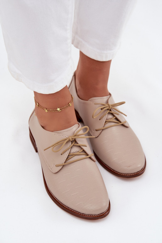 Skórzane Półbuty Damskie Eleganckie Sznurowane Zazoo 4238 Beżowe