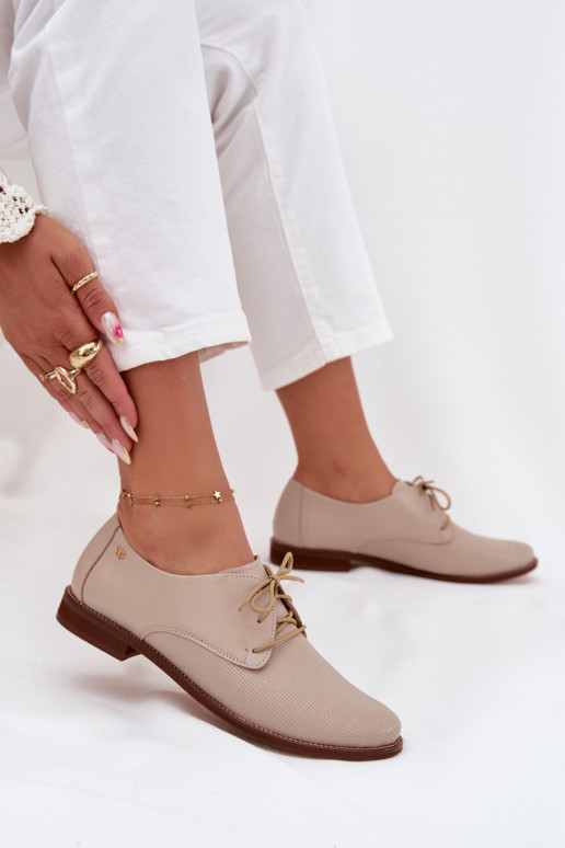 Skórzane Półbuty Damskie Eleganckie Sznurowane Zazoo 4238 Beżowe