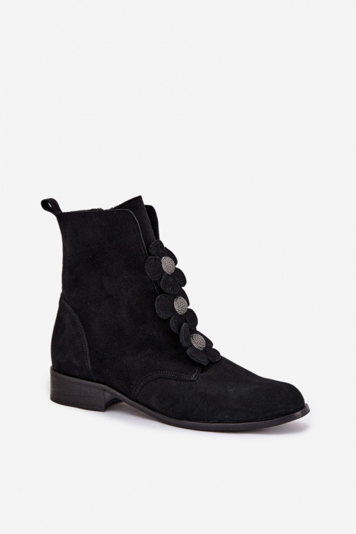 Suede women's ankle boots Zazoo 3085 black with decorative flowers Suede women's ankle boots Zazoo 3085 black with decorative flowers
