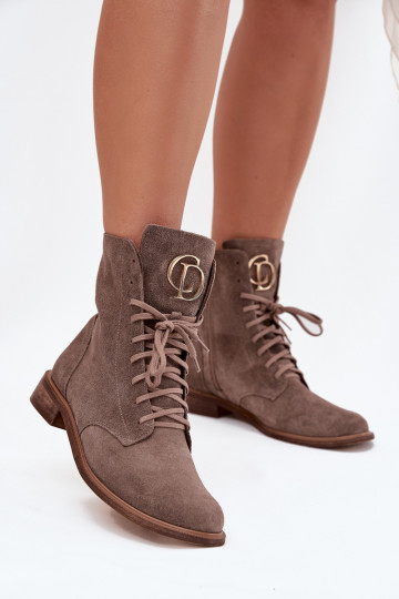 Zazoo 2955 Suede Work Boots With Gold Detail On Tongue Dark Beige 2