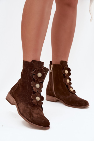 Suede Women's Ankle Boots with Decorative Flowers Zazoo 3085 Brown