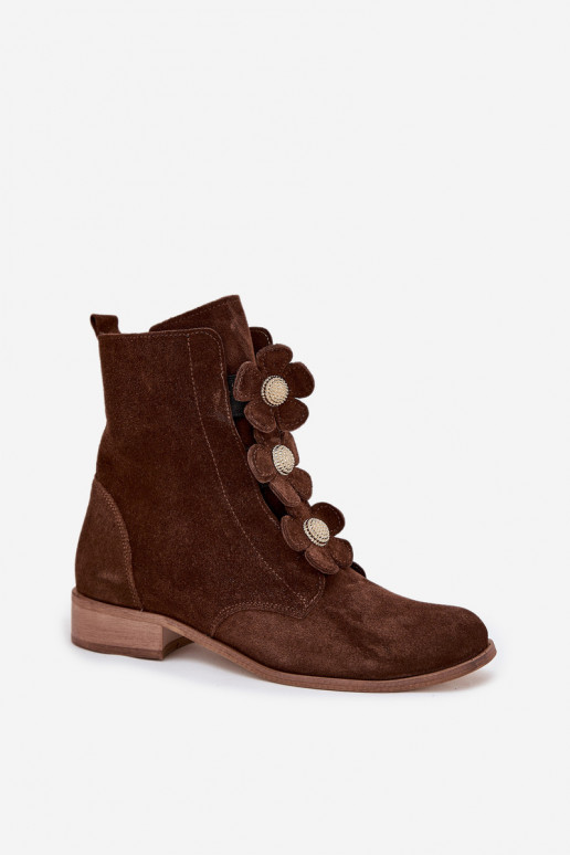 Suede Women's Ankle Boots with Decorative Flowers Zazoo 3085 Brown Suede Women's Ankle Boots with Decorative Flowers Zazoo 3085 Brown