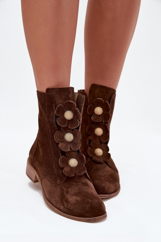 Suede Women's Ankle Boots with Decorative Flowers Zazoo 3085 Brown Suede Women's Ankle Boots with Decorative Flowers Zazoo 3085 Brown