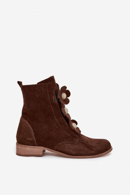 Suede Women's Ankle Boots with Decorative Flowers Zazoo 3085 Brown Suede Women's Ankle Boots with Decorative Flowers Zazoo 3085 Brown