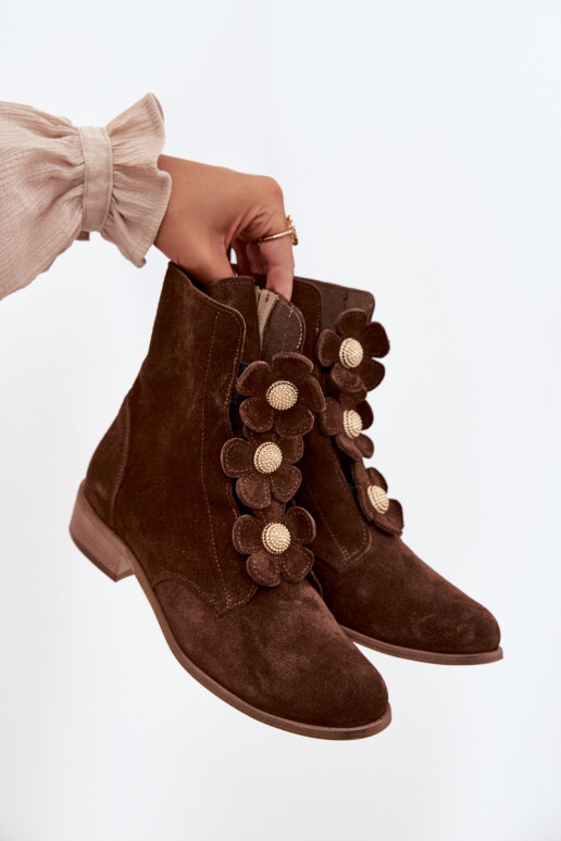 Suede Women's Ankle Boots with Decorative Flowers Zazoo 3085 Brown Suede Women's Ankle Boots with Decorative Flowers Zazoo 3085 Brown