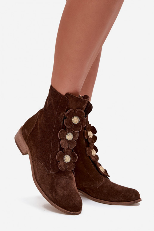 Suede Women's Ankle Boots with Decorative Flowers Zazoo 3085 Brown Suede Women's Ankle Boots with Decorative Flowers Zazoo 3085 Brown