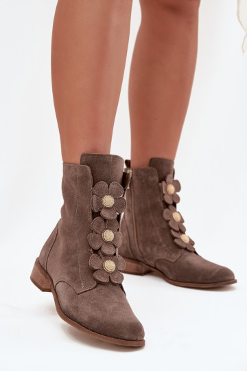 Suede Women's Ankle Boots with Decorative Flowers Zazoo 3085 Dark Beige 2