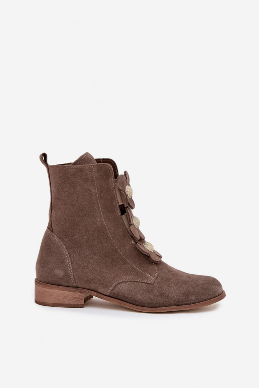 Suede Women's Ankle Boots with Decorative Flowers Zazoo 3085 Dark Beige Suede Women's Ankle Boots with Decorative Flowers Zazoo 3085 Dark Beige