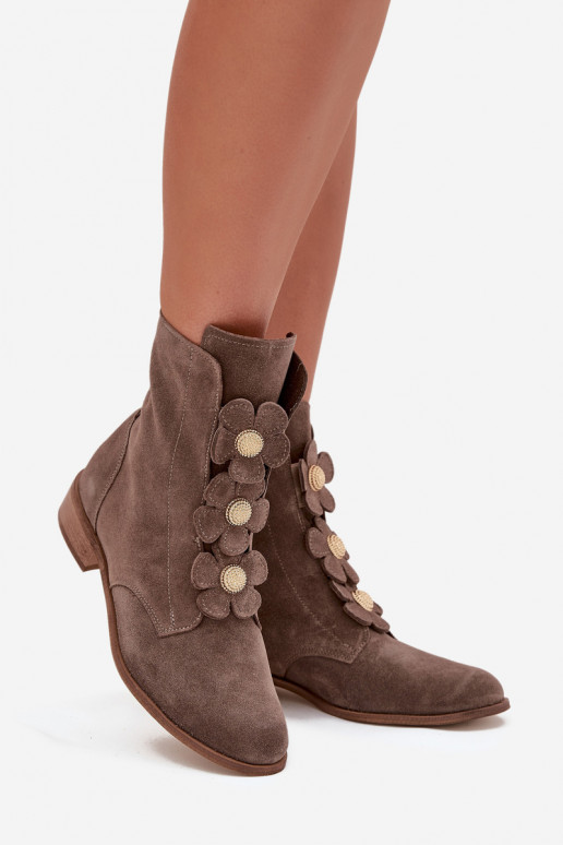 Suede Women's Ankle Boots with Decorative Flowers Zazoo 3085 Dark Beige Suede Women's Ankle Boots with Decorative Flowers Zazoo 3085 Dark Beige
