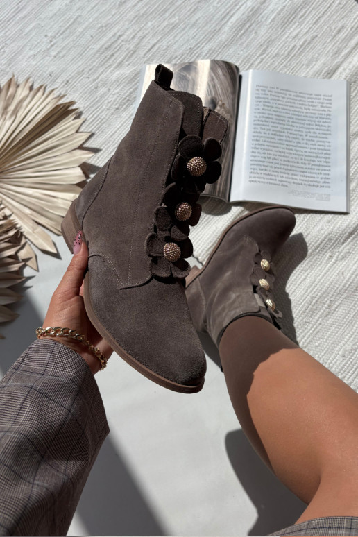 Suede Women's Ankle Boots with Decorative Flowers Zazoo 3085 Dark Beige Suede Women's Ankle Boots with Decorative Flowers Zazoo 3085 Dark Beige