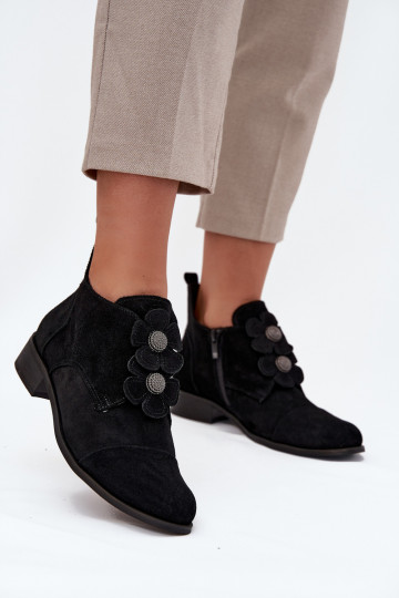 Suede Women's Loafers with Decorative Flowers Zazoo 3080 Black 2