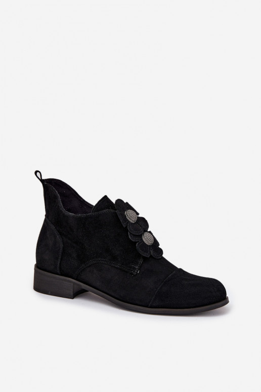 Zamszowe Półbuty DamskiewithOzdobnymi Kwiatkami Zazoo 3080 Czarne