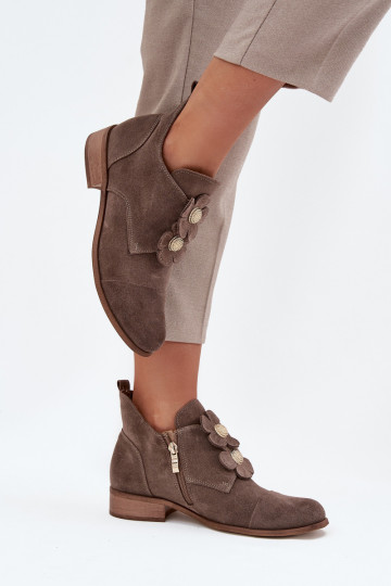 Suede Women's Loafers with Decorative Flowers Zazoo 3080 Dark Beige