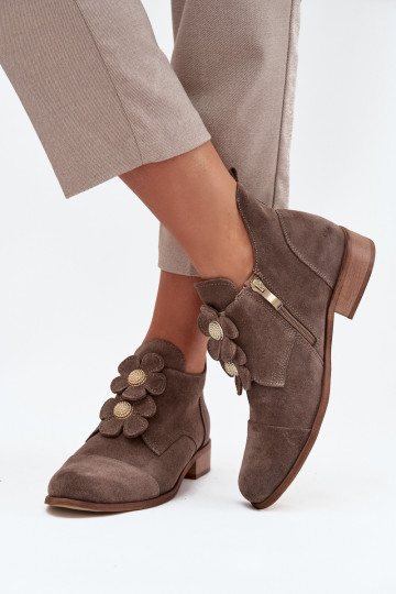 Suede Women's Loafers with Decorative Flowers Zazoo 3080 Dark Beige 2