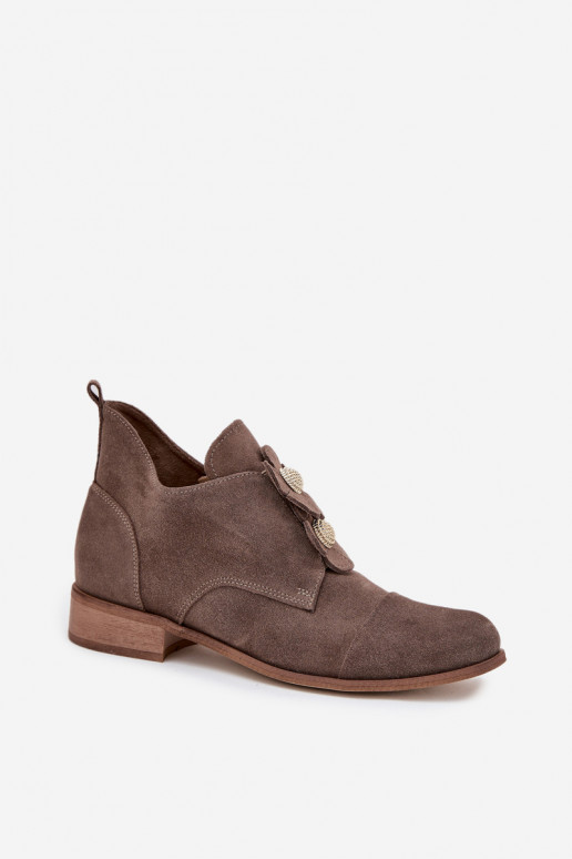 Zamszowe Półbuty DamskiewithOzdobnymi Kwiatkami Zazoo 3080 Ciemnobeżowe