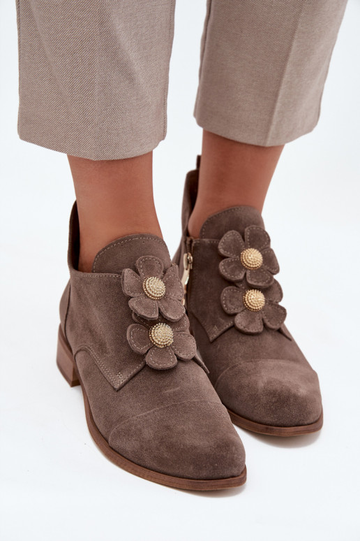 Suede Women's Loafers with Decorative Flowers Zazoo 3080 Dark Beige Suede Women's Loafers with Decorative Flowers Zazoo 3080 Dark Beige
