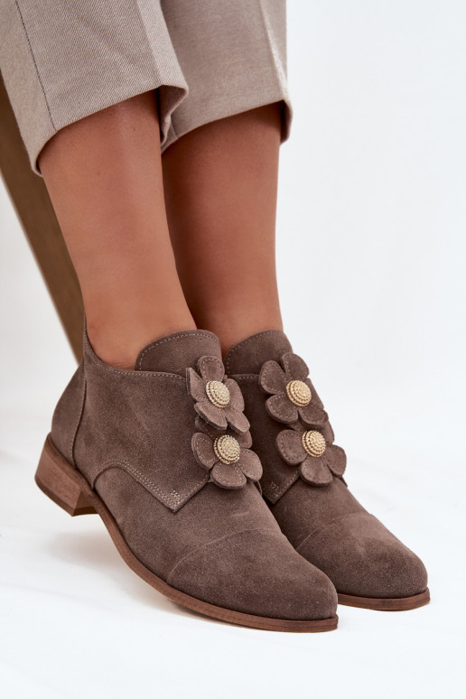 Zamszowe Półbuty DamskiewithOzdobnymi Kwiatkami Zazoo 3080 Ciemnobeżowe
