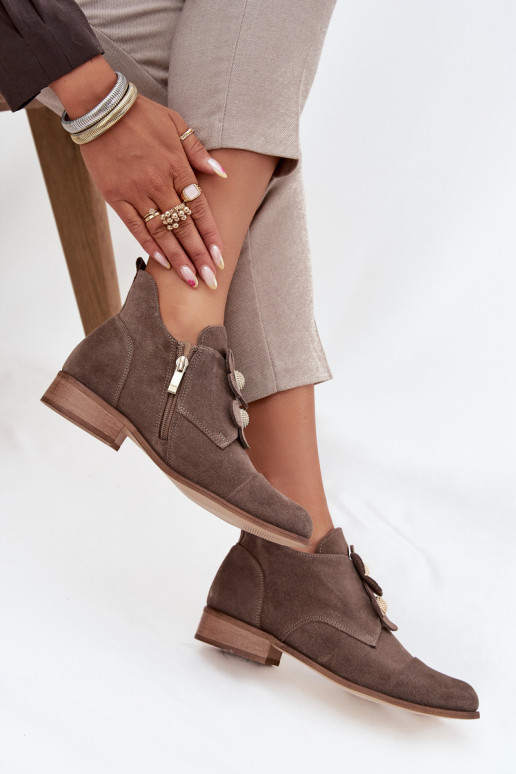 Zamszowe Półbuty DamskiewithOzdobnymi Kwiatkami Zazoo 3080 Ciemnobeżowe