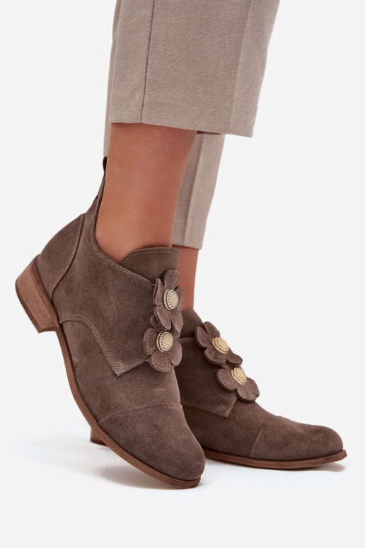 Suede Women's Loafers with Decorative Flowers Zazoo 3080 Dark Beige Suede Women's Loafers with Decorative Flowers Zazoo 3080 Dark Beige
