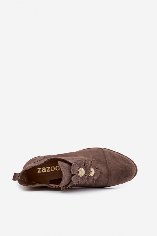 Suede Women's Loafers with Decorative Flowers Zazoo 3080 Dark Beige Suede Women's Loafers with Decorative Flowers Zazoo 3080 Dark Beige
